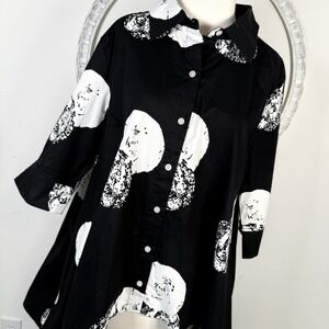 Truth & Style Shirt Top Womens Hi Low Button-Up Tunic Black White 3/4 Sleeve MP